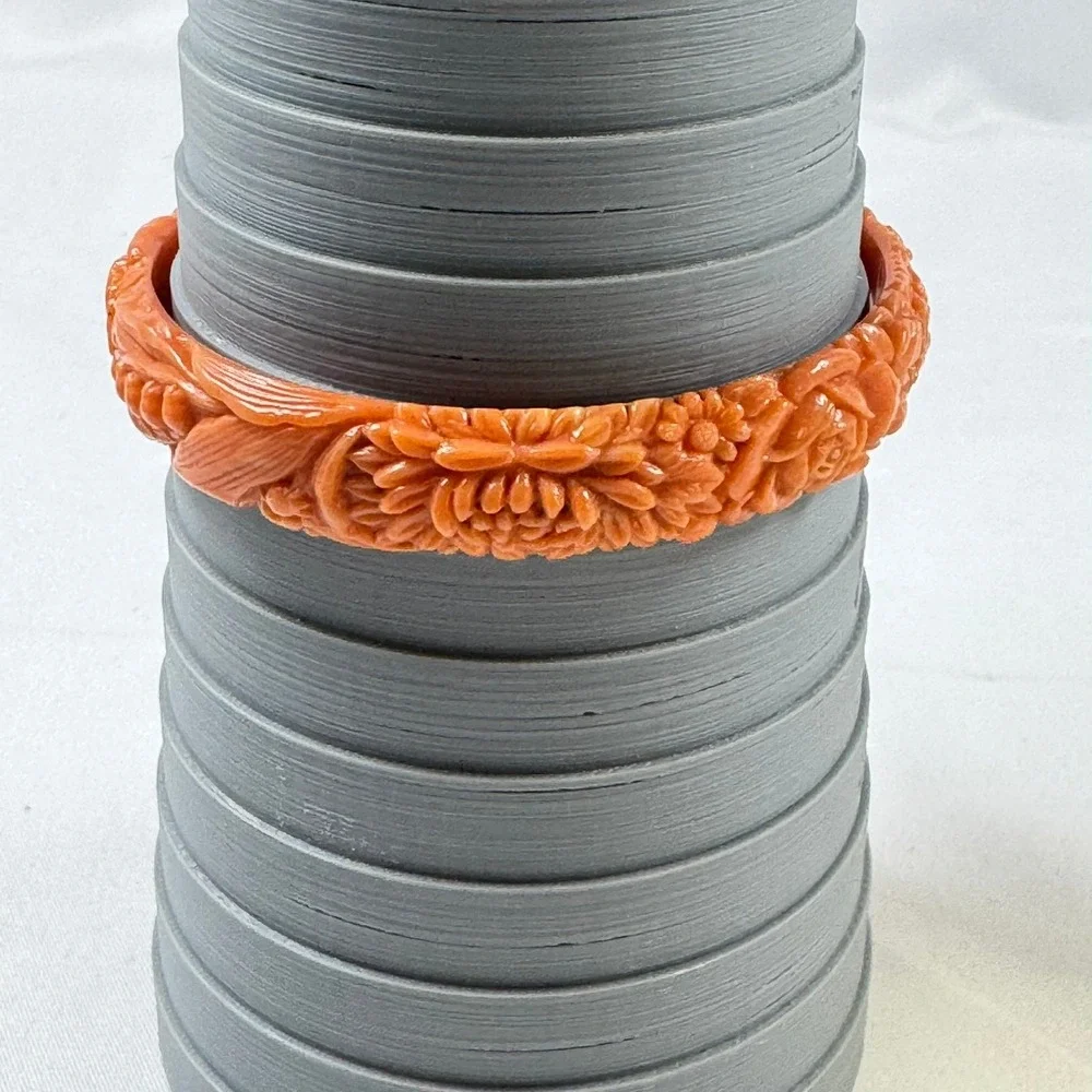 Vintage Celluloid Carved Floral Coral Orange Bangle Bracelet '20s-40s 7.75